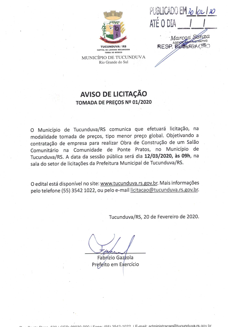 AVISO DE TMP Nº 01/2020 CONSTRUÇÃO SALÃO PONTE PRATOS